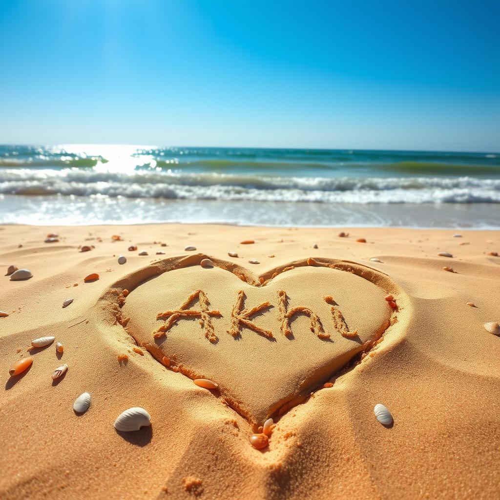 A picturesque scene of a sandy beach where a heart shape is artistically drawn in the soft, golden sand, prominently featuring the name 'Akhi' stylized within the heart