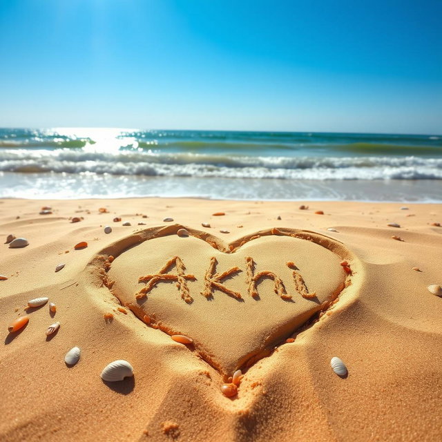 A picturesque scene of a sandy beach where a heart shape is artistically drawn in the soft, golden sand, prominently featuring the name 'Akhi' stylized within the heart