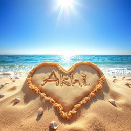 A picturesque scene of a sandy beach where a heart shape is artistically drawn in the soft, golden sand, prominently featuring the name 'Akhi' stylized within the heart