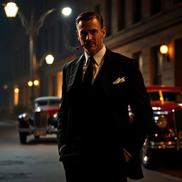 A sleek and stylish male mafia figure dressed in a sharp black suit, exuding an air of confidence and power