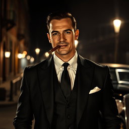 A sleek and stylish male mafia figure dressed in a sharp black suit, exuding an air of confidence and power