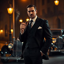 A sleek and stylish male mafia figure dressed in a sharp black suit, exuding an air of confidence and power