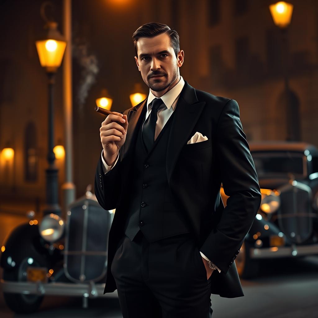 A sleek and stylish male mafia figure dressed in a sharp black suit, exuding an air of confidence and power