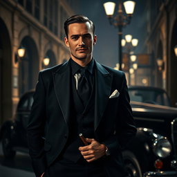 A sleek and stylish male mafia figure dressed in a sharp black suit, exuding an air of confidence and power