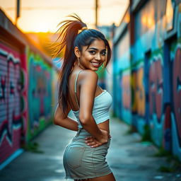 A sexy Indian girl with a playful ponytail, wearing a stylish short skirt
