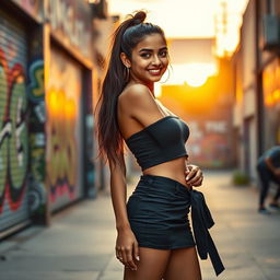 A sexy Indian girl with a playful ponytail, wearing a stylish short skirt