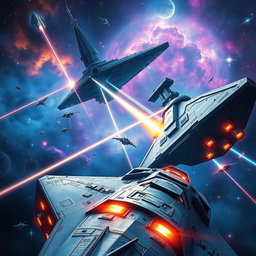 A dramatic sci-fi scene depicting a fierce space battle between two large starships in a cosmic backdrop filled with colorful nebulae and distant galaxies