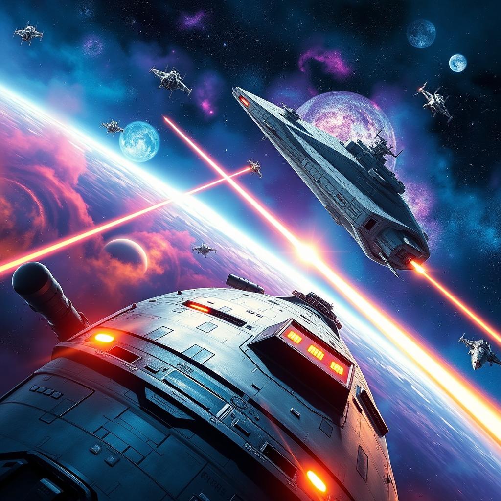 A dramatic sci-fi scene depicting a fierce space battle between two large starships in a cosmic backdrop filled with colorful nebulae and distant galaxies