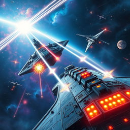 A dramatic sci-fi scene depicting a fierce space battle between two large starships in a cosmic backdrop filled with colorful nebulae and distant galaxies