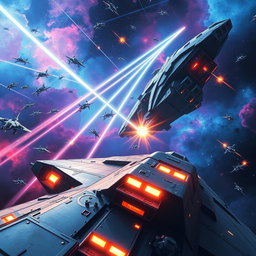 A dramatic sci-fi scene depicting a fierce space battle between two large starships in a cosmic backdrop filled with colorful nebulae and distant galaxies