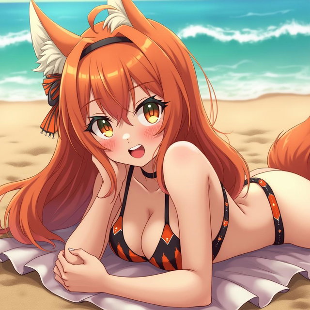 A sexy gothic kitsune anime girl with long flowing orange hair, featuring medium full breasts that are graphically exposed with small nipples