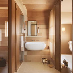 A cozy, contemporary bathroom tastefully decorated with precisely-sized 6x37 inches brown and ivory wooden tile planks, lending a spacious and welcoming air.