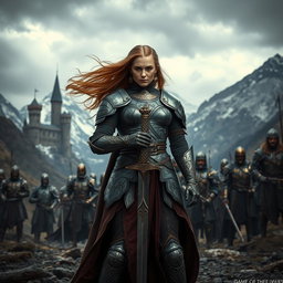 A dramatic and atmospheric scene inspired by the fantasy series Game of Thrones, set in a rugged, medieval landscape with majestic castles and snow-capped mountains in the background