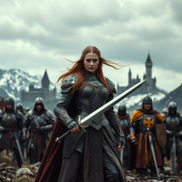 A dramatic and atmospheric scene inspired by the fantasy series Game of Thrones, set in a rugged, medieval landscape with majestic castles and snow-capped mountains in the background
