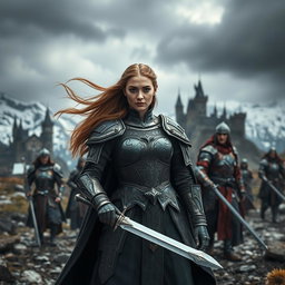 A dramatic and atmospheric scene inspired by the fantasy series Game of Thrones, set in a rugged, medieval landscape with majestic castles and snow-capped mountains in the background