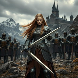 A dramatic and atmospheric scene inspired by the fantasy series Game of Thrones, set in a rugged, medieval landscape with majestic castles and snow-capped mountains in the background