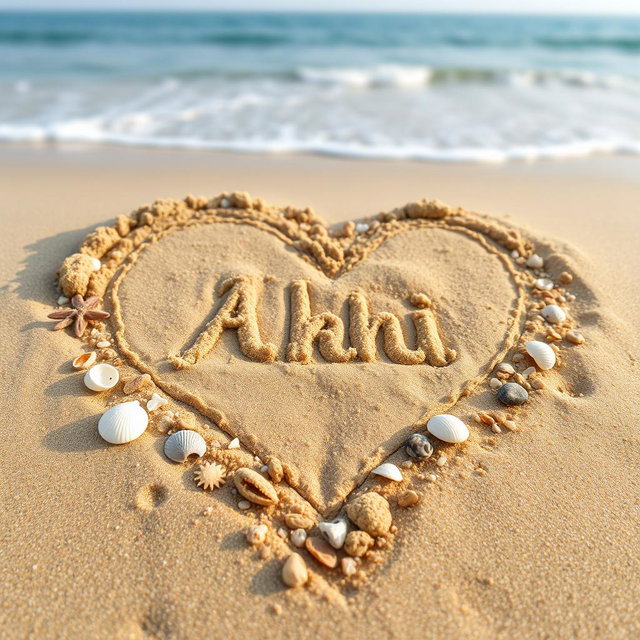 A close-up view of a love shape meticulously drawn in fine beach sand, incorporating the name 'Akhi' elegantly within the heart