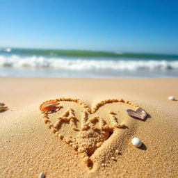 A close-up view of a love shape meticulously drawn in fine beach sand, incorporating the name 'Akhi' elegantly within the heart