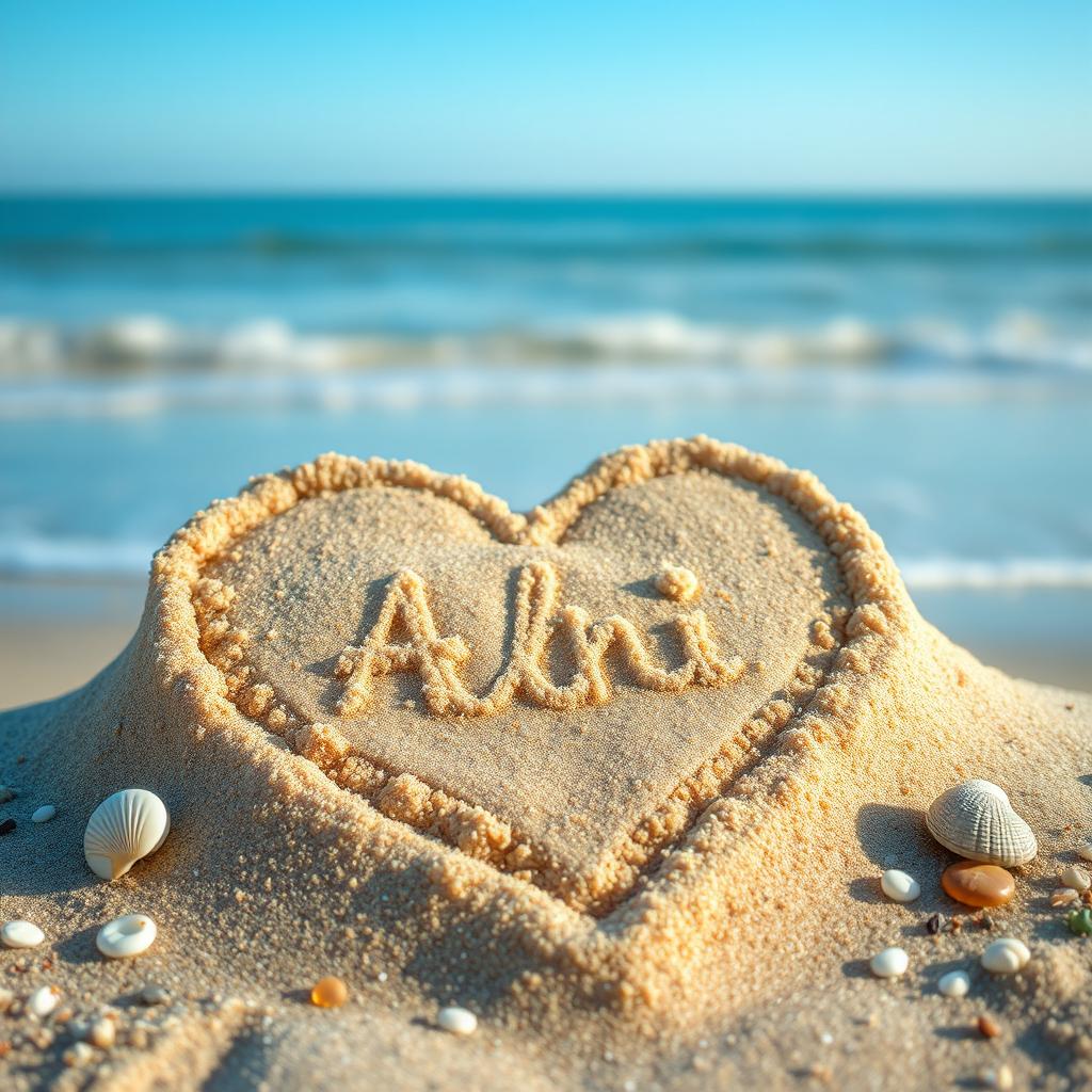 A close-up view of a love shape meticulously drawn in fine beach sand, incorporating the name 'Akhi' elegantly within the heart