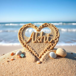 A close-up view of a love shape meticulously drawn in fine beach sand, incorporating the name 'Akhi' elegantly within the heart