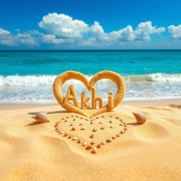 A stunning view of a beach scene, featuring a large love shape drawn in the soft, golden sand, with the name 'Akhi' beautifully integrated within the heart