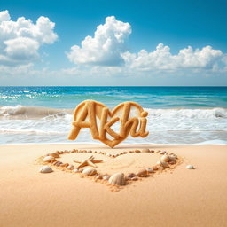 A stunning view of a beach scene, featuring a large love shape drawn in the soft, golden sand, with the name 'Akhi' beautifully integrated within the heart