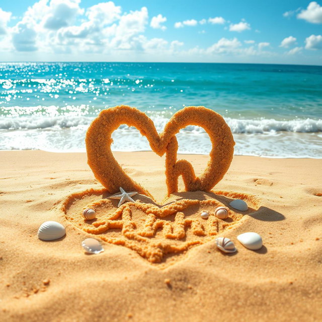 A stunning view of a beach scene, featuring a large love shape drawn in the soft, golden sand, with the name 'Akhi' beautifully integrated within the heart