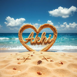 A stunning view of a beach scene, featuring a large love shape drawn in the soft, golden sand, with the name 'Akhi' beautifully integrated within the heart
