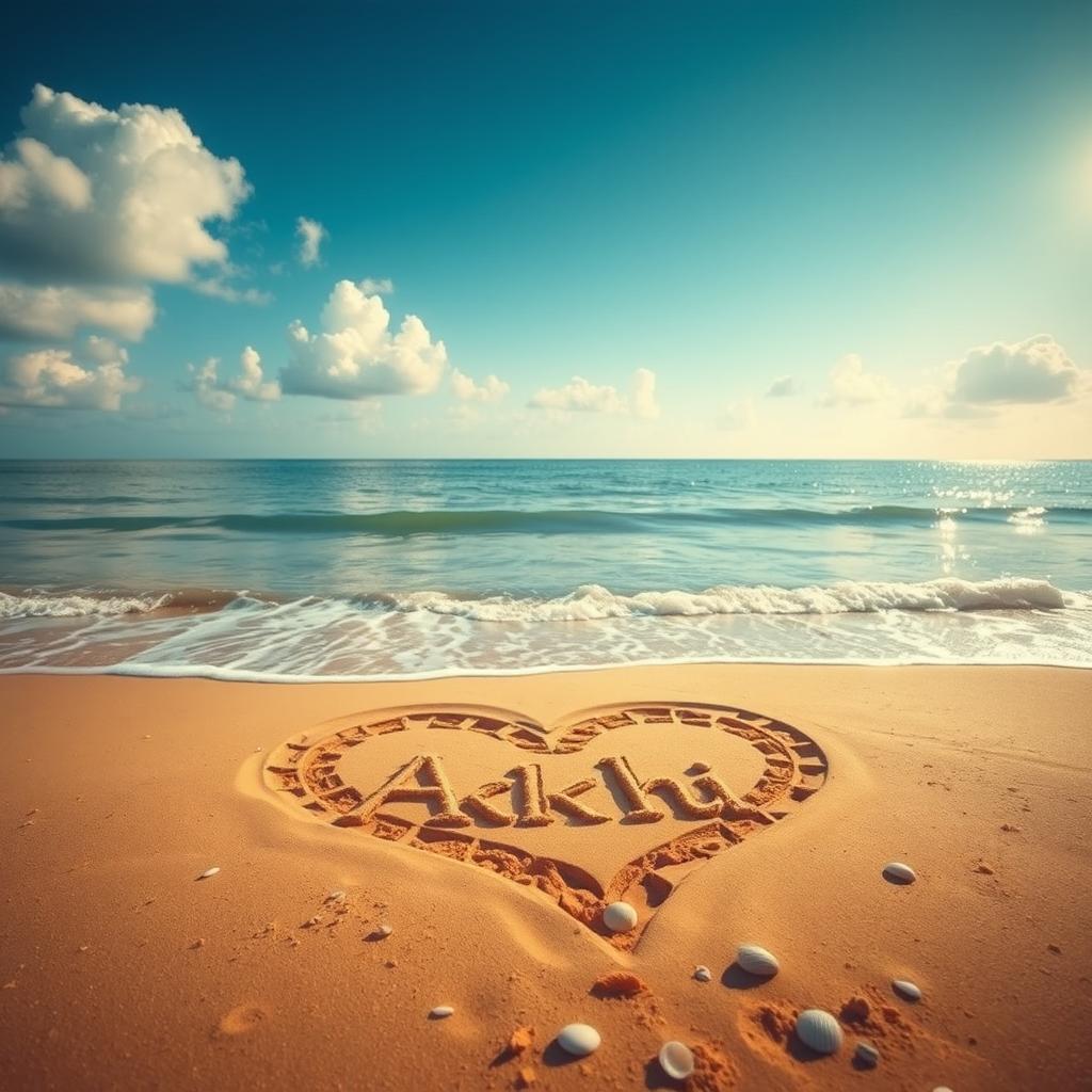 A beautiful scene of a sea beach featuring a large love shape crafted in the golden sand, with the name 'Akhi' artistically included inside the heart