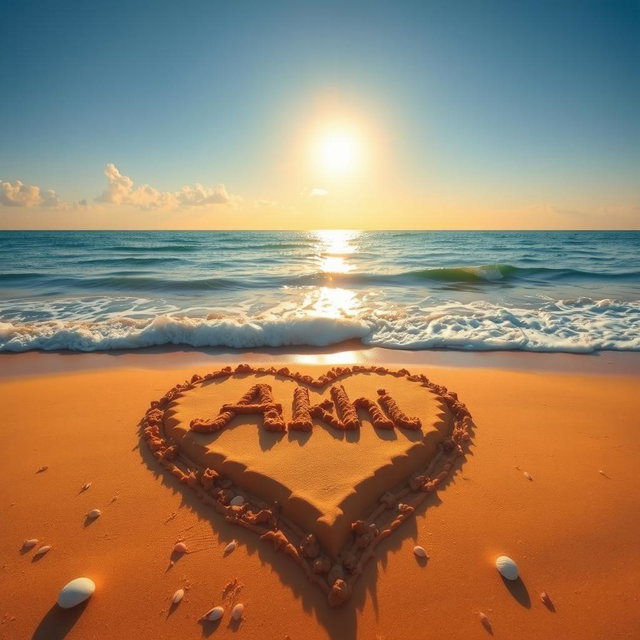 A beautiful scene of a sea beach featuring a large love shape crafted in the golden sand, with the name 'Akhi' artistically included inside the heart