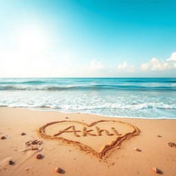 A beautiful scene of a sea beach featuring a large love shape crafted in the golden sand, with the name 'Akhi' artistically included inside the heart