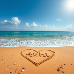 A beautiful scene of a sea beach featuring a large love shape crafted in the golden sand, with the name 'Akhi' artistically included inside the heart