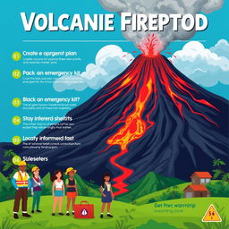 A vibrant and informative educational poster about volcanic eruption preparedness, featuring a detailed landscape of a volcano with smoke and lava flows, diverse people wearing safety gear, and emergency kits