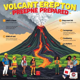 A vibrant and informative educational poster about volcanic eruption preparedness, featuring a detailed landscape of a volcano with smoke and lava flows, diverse people wearing safety gear, and emergency kits