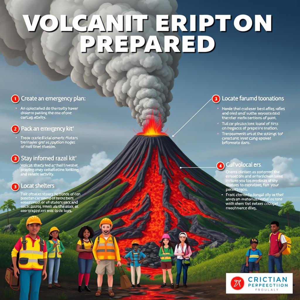 A vibrant and informative educational poster about volcanic eruption preparedness, featuring a detailed landscape of a volcano with smoke and lava flows, diverse people wearing safety gear, and emergency kits