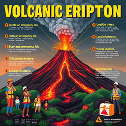A vibrant and informative educational poster about volcanic eruption preparedness, featuring a detailed landscape of a volcano with smoke and lava flows, diverse people wearing safety gear, and emergency kits