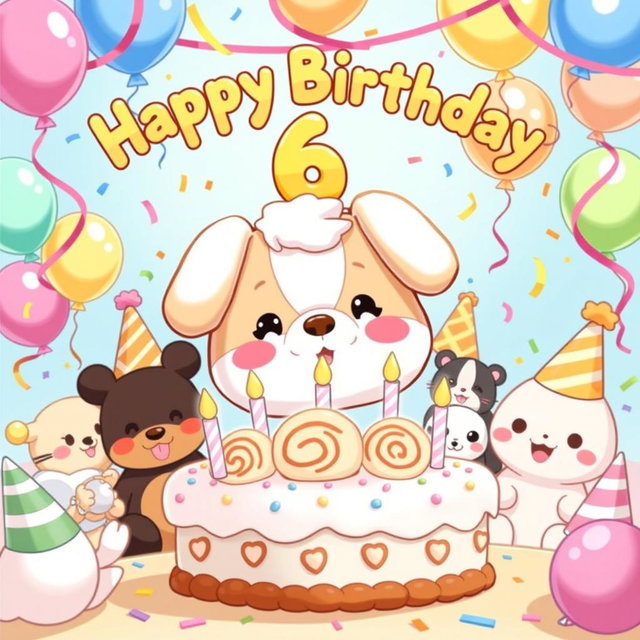 A joyful and festive illustration celebrating a 6th birthday party themed around Shama Cinnamonroll from Sanrio