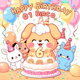 A joyful and festive illustration celebrating a 6th birthday party themed around Shama Cinnamonroll from Sanrio