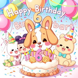 A joyful and festive illustration celebrating a 6th birthday party themed around Shama Cinnamonroll from Sanrio
