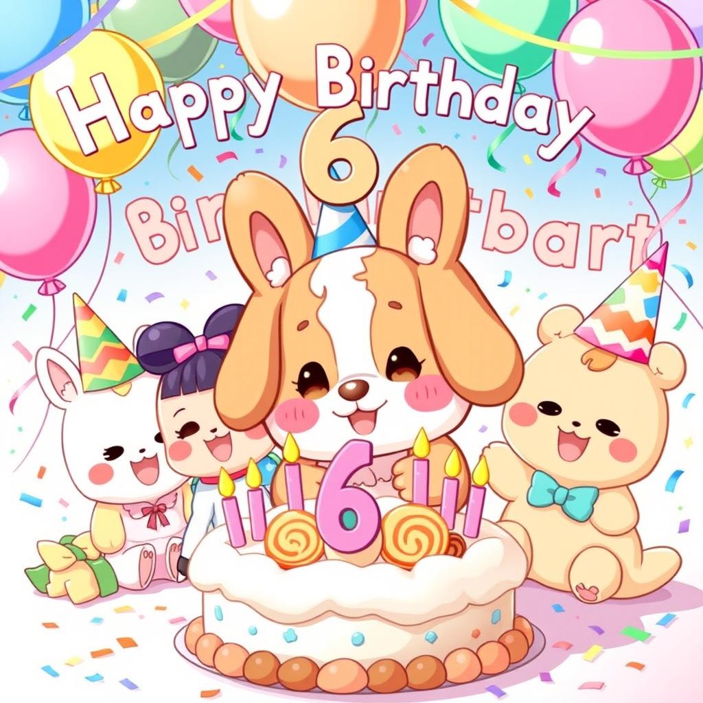 A joyful and festive illustration celebrating a 6th birthday party themed around Shama Cinnamonroll from Sanrio