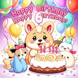 A joyful and festive illustration celebrating a 6th birthday party themed around Shama Cinnamonroll from Sanrio