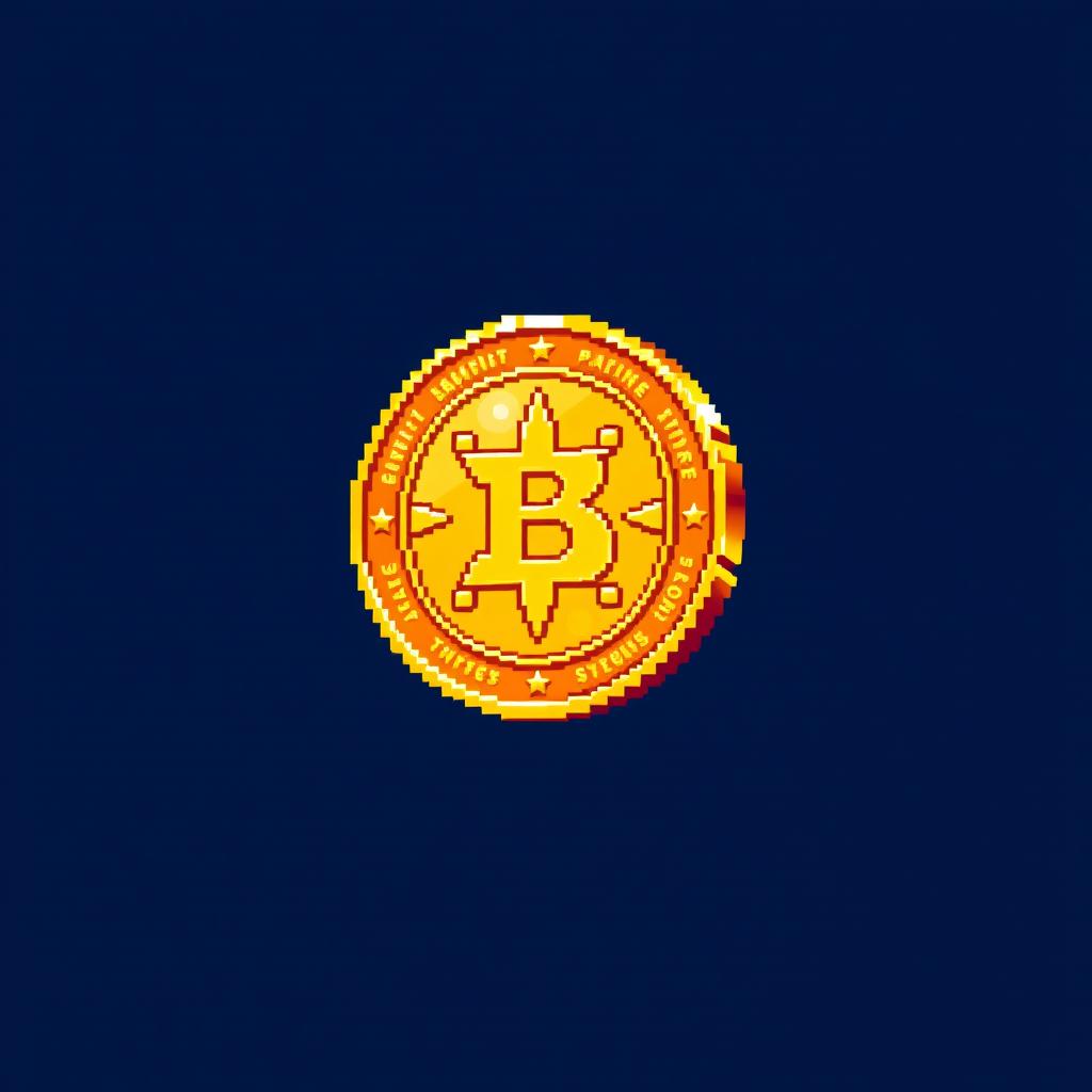 A vibrant and shiny pixel art coin, designed with a classic 8-bit style, featuring intricate details like a starburst pattern and engraved designs on its surface