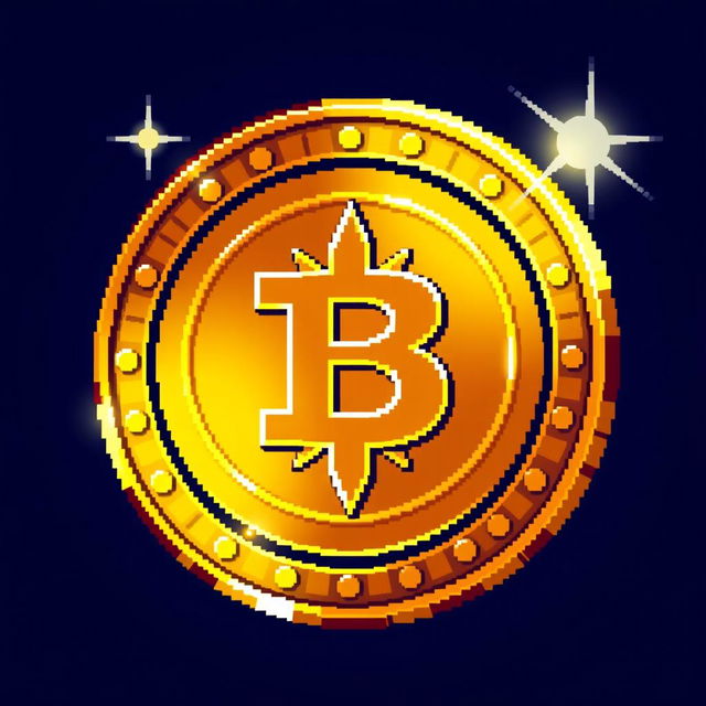 A vibrant and shiny pixel art coin, designed with a classic 8-bit style, featuring intricate details like a starburst pattern and engraved designs on its surface