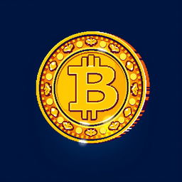 A vibrant and shiny pixel art coin, designed with a classic 8-bit style, featuring intricate details like a starburst pattern and engraved designs on its surface