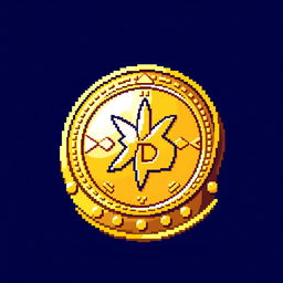 A vibrant and shiny pixel art coin, designed with a classic 8-bit style, featuring intricate details like a starburst pattern and engraved designs on its surface
