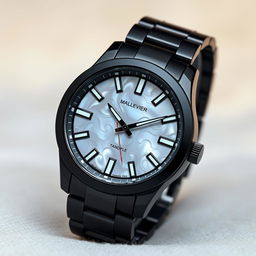 A luxurious black sports watch featuring a mother of pearl dial