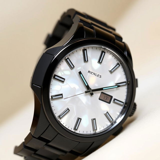 A luxurious black sports watch featuring a mother of pearl dial