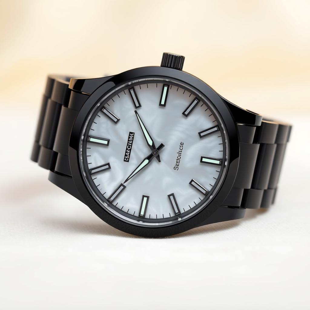 A luxurious black sports watch featuring a mother of pearl dial