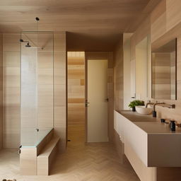 A cozy, contemporary bathroom tastefully decorated with precisely-sized 6x37 inches brown and ivory wooden tile planks, lending a spacious and welcoming air.