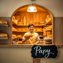 A vibrant profile picture for a bakery called "Papoy", featuring an inviting and cozy scene in a small charming bakery